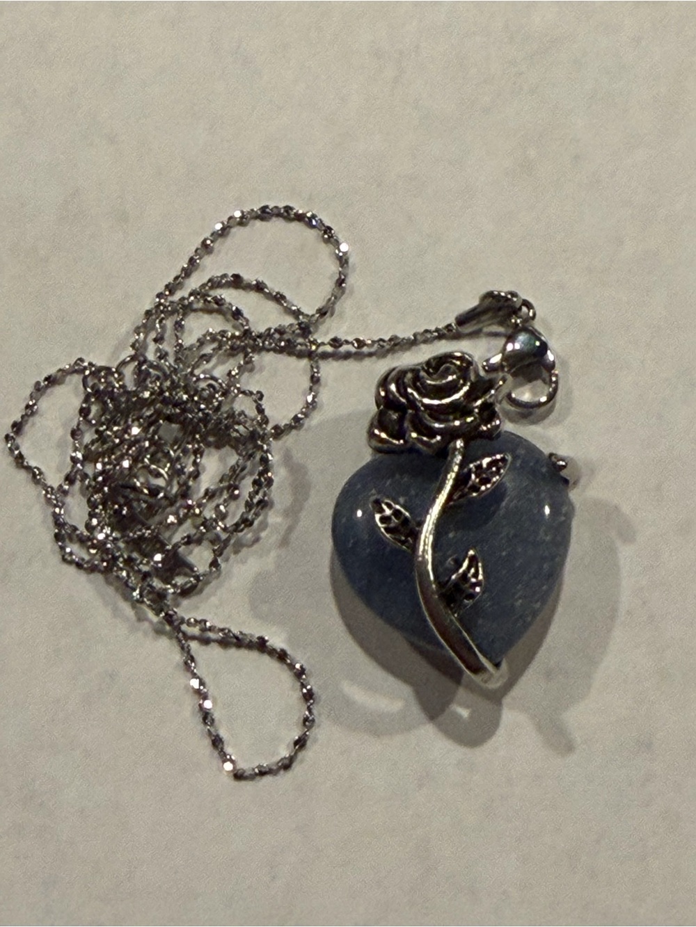 Silver Rose Heart Pendant Necklace in Blue Aventurine